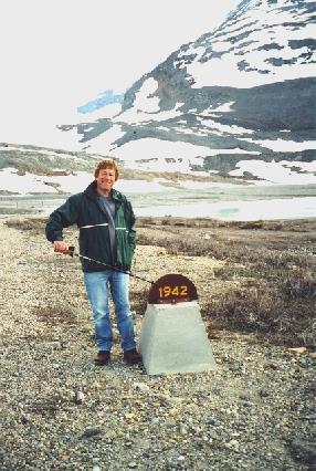 2002-06-11 13 Adrian by his year marker, Athabasca Glacier, Icefilelds Parkway, Alberta