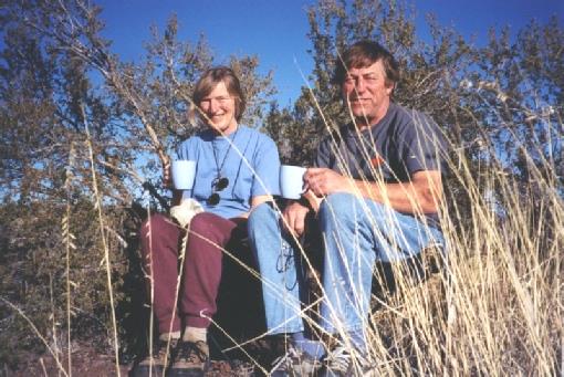 2002-02-20 1 Rosie & Adrian having a cup of tea sitting on the new seats for the first time near Ash Fork, Arizona